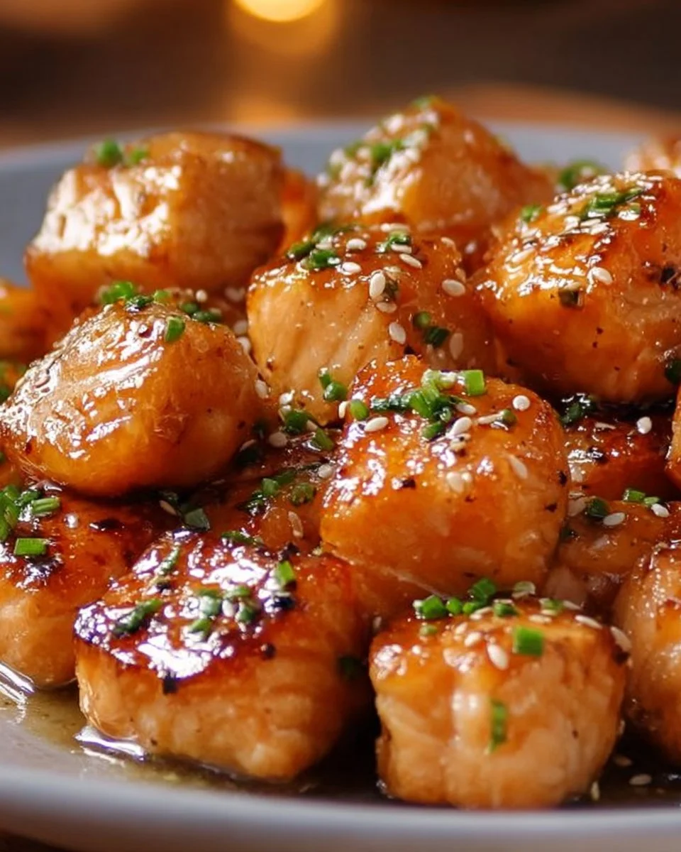 Air Fryer Honey Garlic Salmon Bites served on a plate