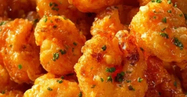 A plate of crispy Bang Bang Shrimp garnished with green onions and spicy sauce.
