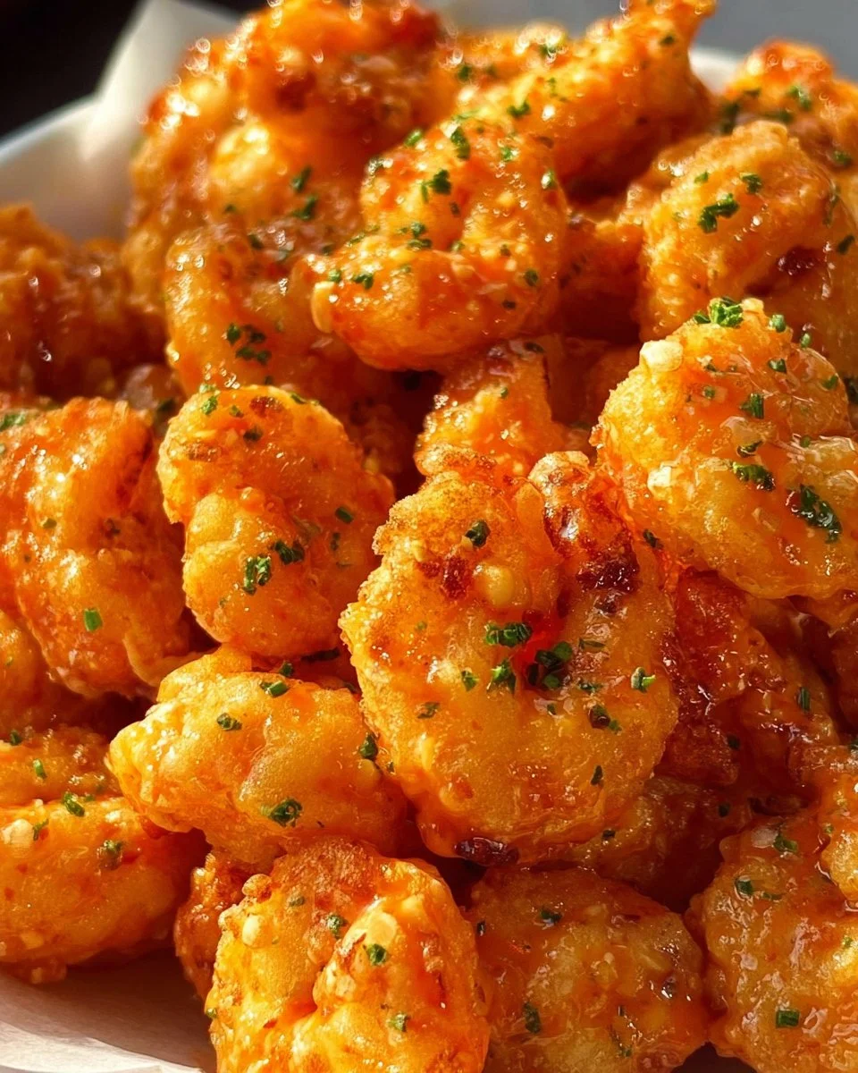 A plate of crispy Bang Bang Shrimp garnished with green onions and spicy sauce.