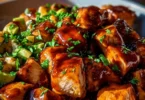 BBQ chicken served in a sweet potato bowl topped with fresh ingredients