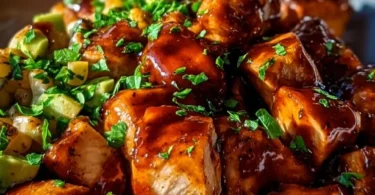 BBQ chicken served in a sweet potato bowl topped with fresh ingredients