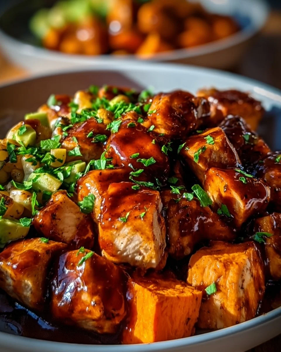 BBQ chicken served in a sweet potato bowl topped with fresh ingredients