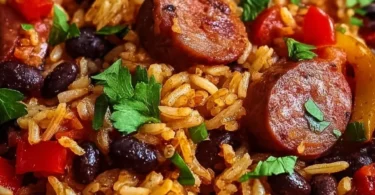 Delicious black beans and rice with sausage served in a bowl