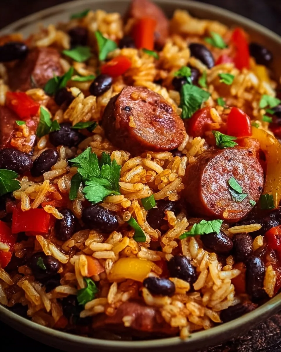 Delicious black beans and rice with sausage served in a bowl