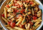 Plate of Bruschetta Chicken Pasta garnished with fresh basil and tomatoes