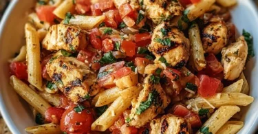 Plate of Bruschetta Chicken Pasta garnished with fresh basil and tomatoes