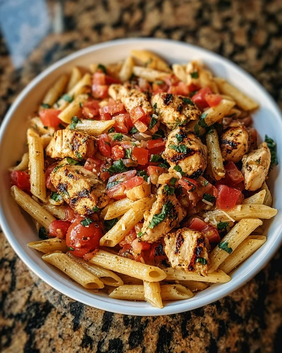Plate of Bruschetta Chicken Pasta garnished with fresh basil and tomatoes