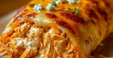 Buffalo Chicken Cheese Bake with melted cheese and spicy buffalo sauce