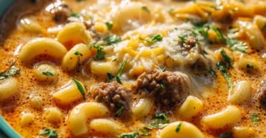 Delicious bowl of cheeseburger macaroni soup with cheese and ground beef