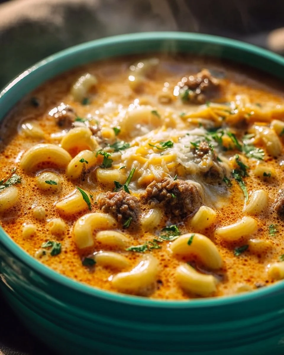 Delicious bowl of cheeseburger macaroni soup with cheese and ground beef
