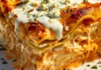 Cheesy Buffalo Ranch Chicken Lasagna with a spicy creamy topping