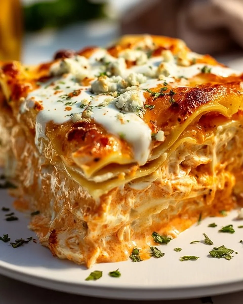 Cheesy Buffalo Ranch Chicken Lasagna with a spicy creamy topping