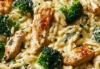 Delicious Cheesy Chicken Broccoli Orzo served in a bowl, showcasing creamy texture and vibrant colors.