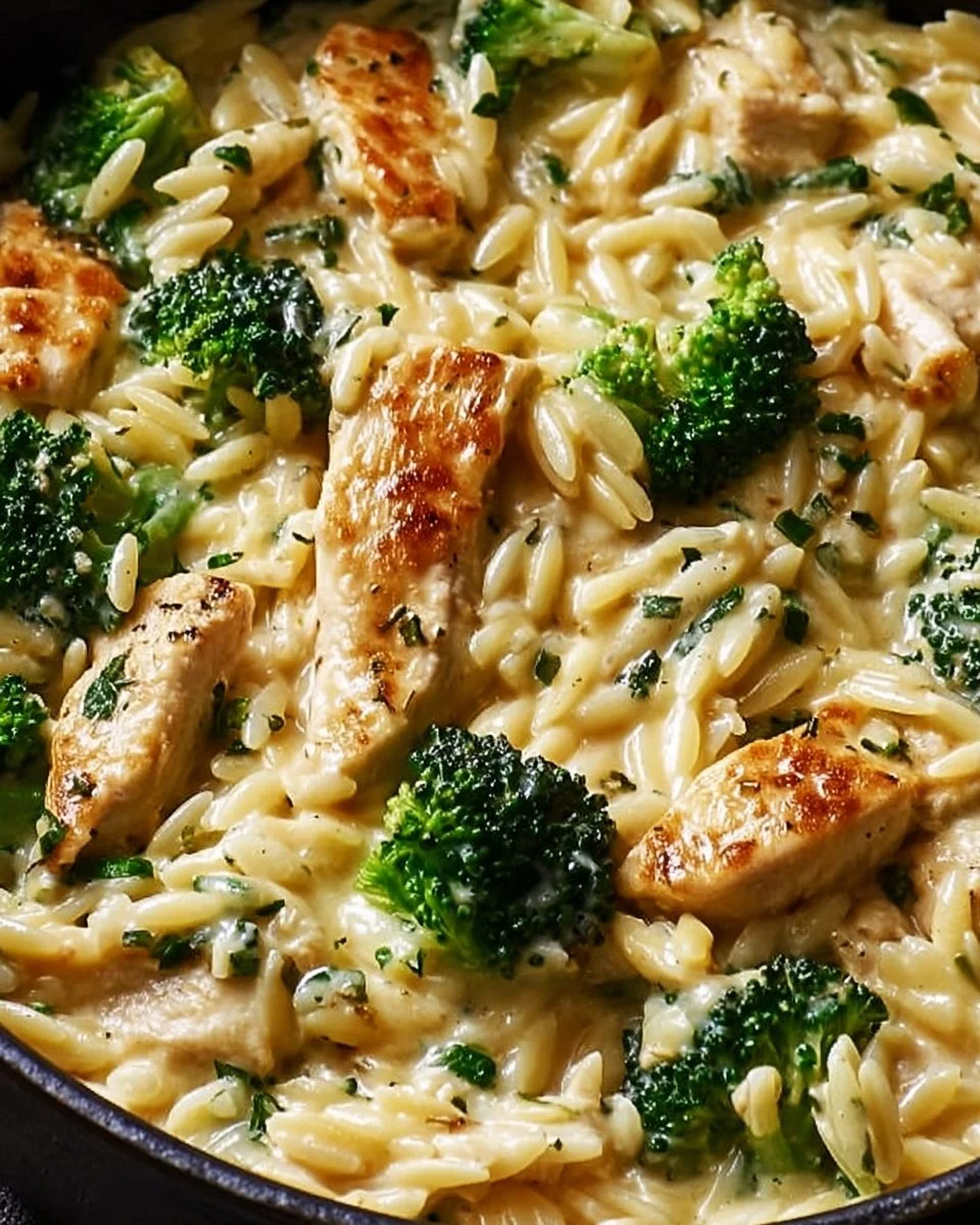 Delicious Cheesy Chicken Broccoli Orzo served in a bowl, showcasing creamy texture and vibrant colors.