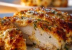 Delicious Cheesy Crust Chicken dish served with fresh herbs.