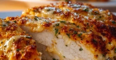 Delicious Cheesy Crust Chicken dish served with fresh herbs.