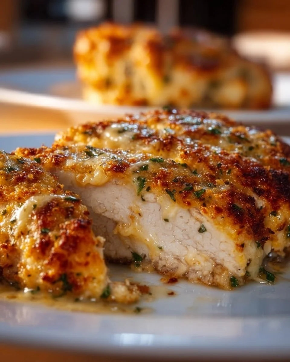 Delicious Cheesy Crust Chicken dish served with fresh herbs.