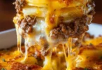 Cheesy hamburger potato casserole baked with ground beef and cheese