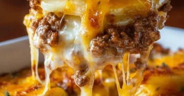 Cheesy hamburger potato casserole baked with ground beef and cheese