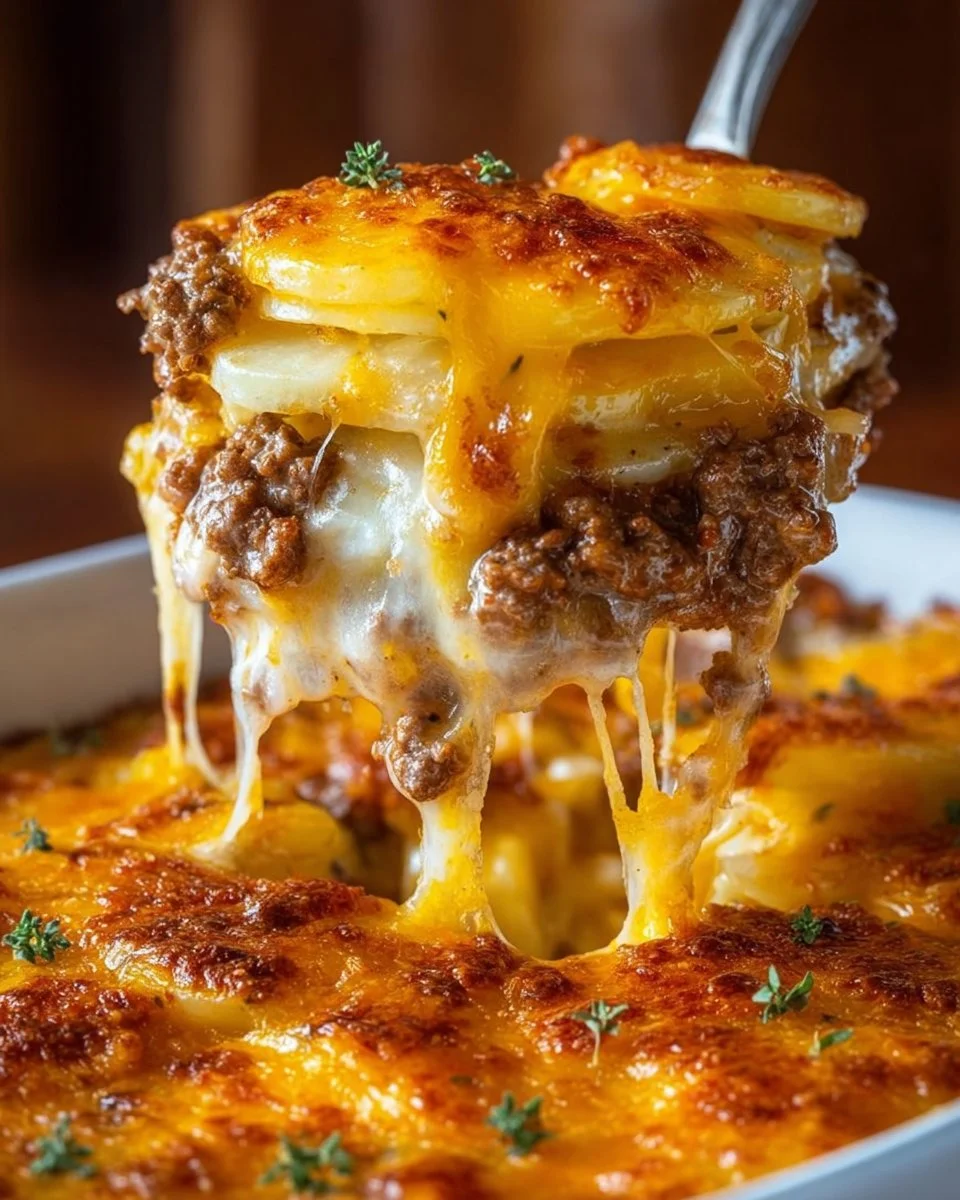 Cheesy hamburger potato casserole baked with ground beef and cheese