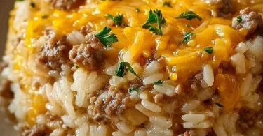 Cheesy Hamburger Rice Casserole in a baking dish topped with cheese and herbs