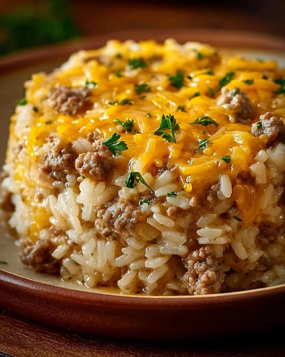 Cheesy Hamburger Rice Casserole in a baking dish topped with cheese and herbs