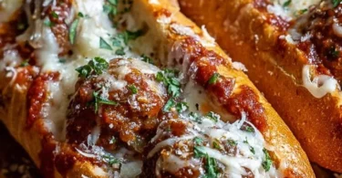 Cheesy meatball subs with marinara sauce and melted cheese on a toasted sub roll.