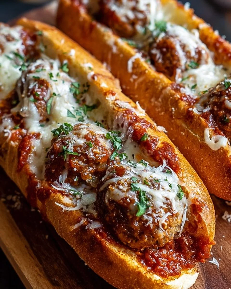 Cheesy meatball subs with marinara sauce and melted cheese on a toasted sub roll.