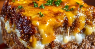 Delicious cheesy meatloaf casserole topped with melted cheese and herbs.