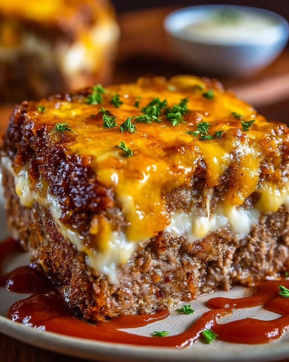 Delicious cheesy meatloaf casserole topped with melted cheese and herbs.