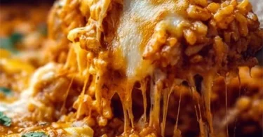 Delicious Chicken Enchilada Rice Casserole topped with cheese and fresh herbs.