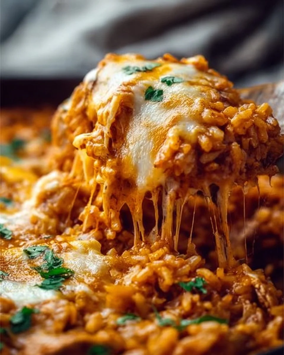 Delicious Chicken Enchilada Rice Casserole topped with cheese and fresh herbs.