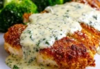 Chicken in basil cream sauce garnished with fresh basil leaves