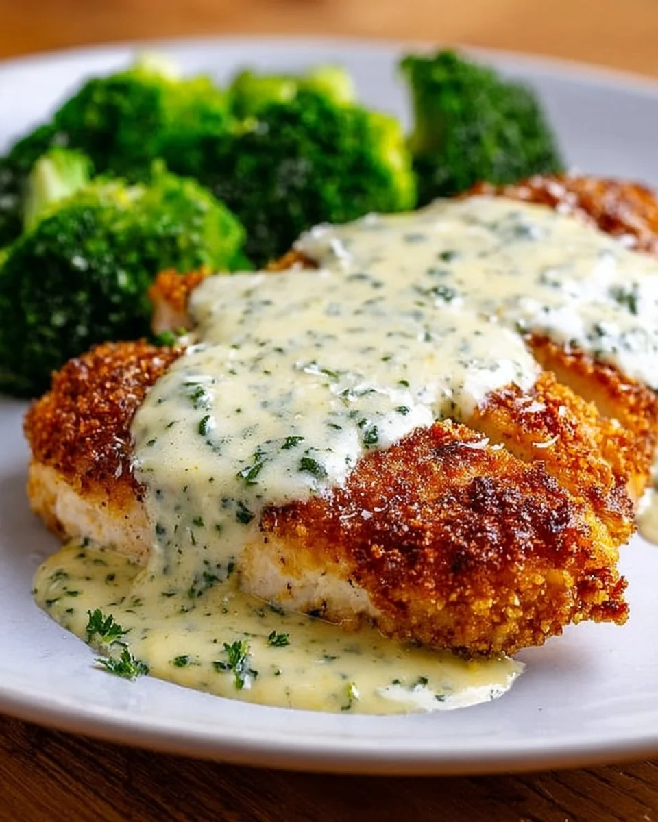 Chicken in basil cream sauce garnished with fresh basil leaves