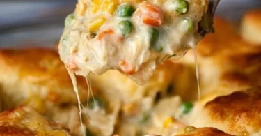 Delicious Chicken Pot Pie topped with flaky biscuits fresh out of the oven