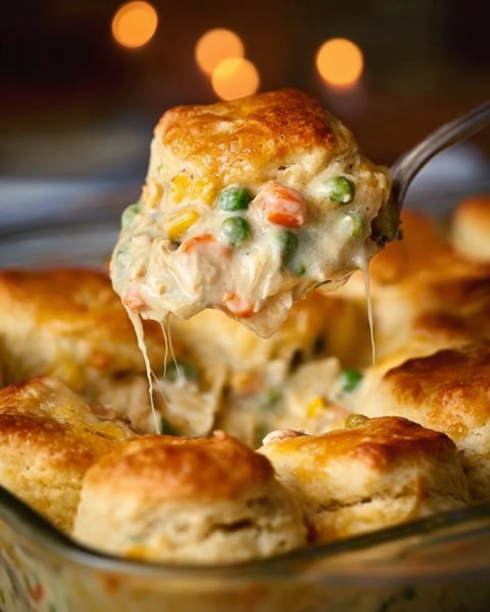 Delicious Chicken Pot Pie topped with flaky biscuits fresh out of the oven