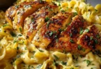 A plate of Chicken with Buttered Noodles, served with parsley garnish.