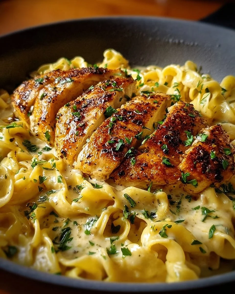 A plate of Chicken with Buttered Noodles, served with parsley garnish.