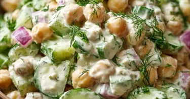 Chickpea cucumber salad with creamy yogurt dressing in a bowl