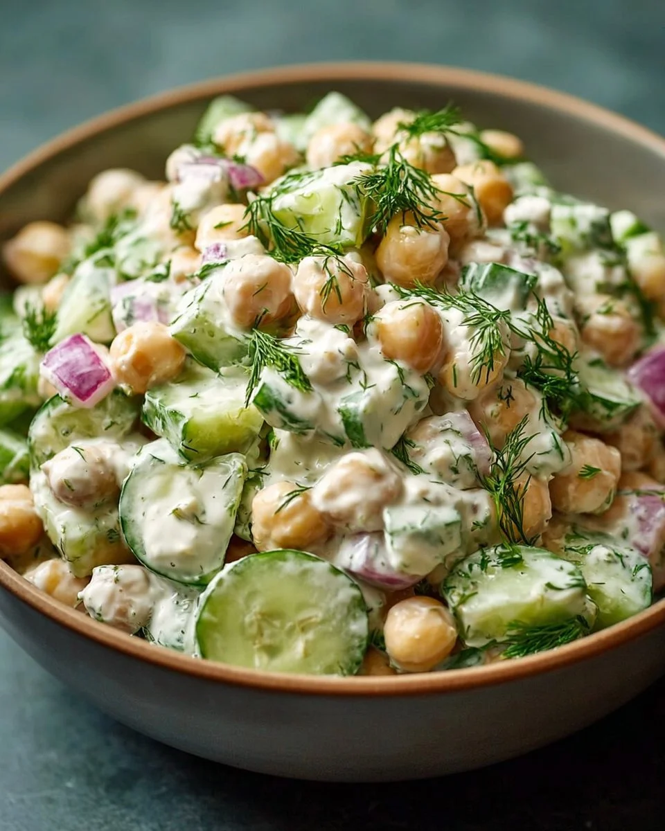 Chickpea cucumber salad with creamy yogurt dressing in a bowl