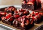 Decadent Chocolate Covered Strawberry Brownies drizzled with chocolate