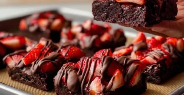 Decadent Chocolate Covered Strawberry Brownies drizzled with chocolate