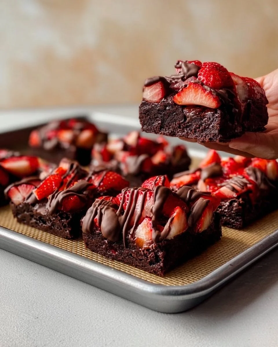 Decadent Chocolate Covered Strawberry Brownies drizzled with chocolate