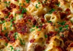 Delicious Crazy Good Casserole topped with cheese and herbs