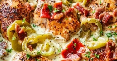 Creamy Banana Pepper Chicken Skillet served in a cast-iron pan with fresh herbs
