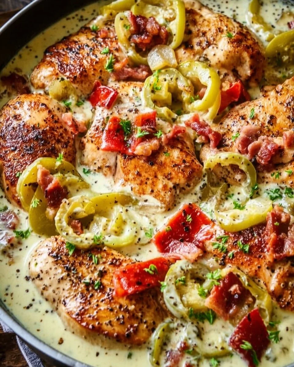 Creamy Banana Pepper Chicken Skillet served in a cast-iron pan with fresh herbs