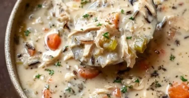 Creamy crockpot chicken wild rice soup served in a bowl with fresh herbs