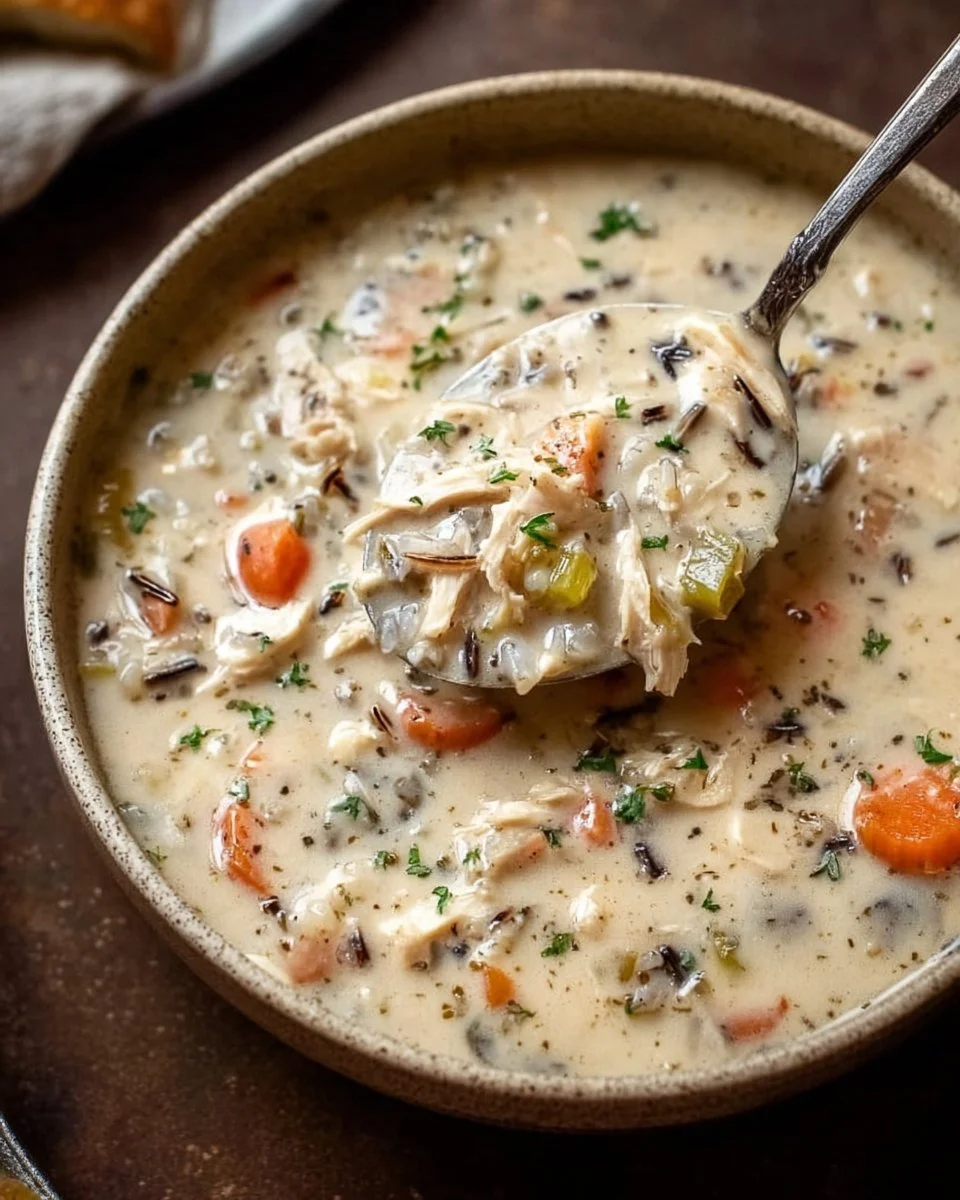 Creamy crockpot chicken wild rice soup served in a bowl with fresh herbs