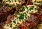 Delicious creamy garlic sauce steak garnished with herbs