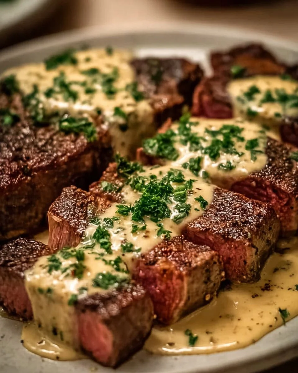 Delicious creamy garlic sauce steak garnished with herbs